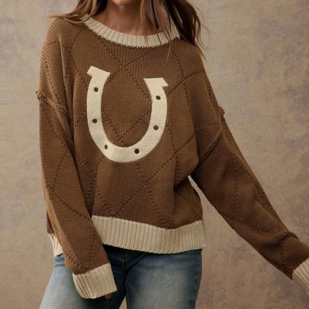 NEW WOMENS DIAMOND STITCH CREWNECK HORSESHOE EMBROIDERED PULLOVER KNIT SWEATER - Picture 3 of 5